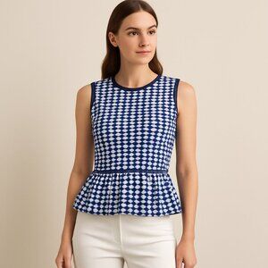 BCBG MaxAzria Peplum Knit Top Small Blue White Geo Print Nautical